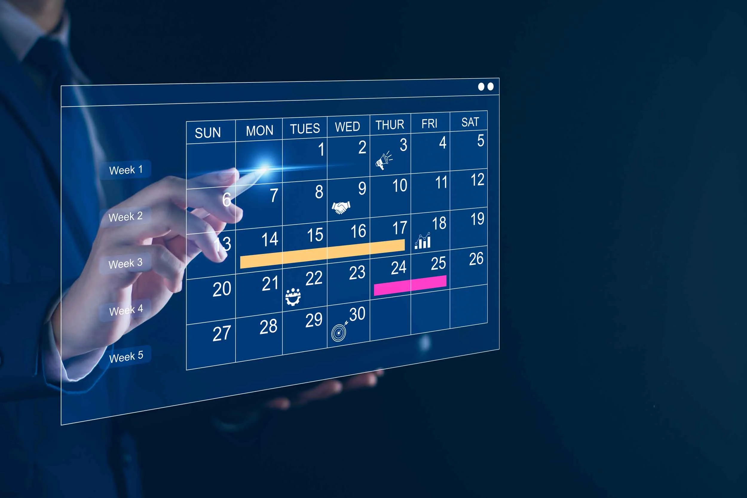 A man in a suit holding a calendar displayed on a screen visualising different stages of collaboration with Bertoni Solutions